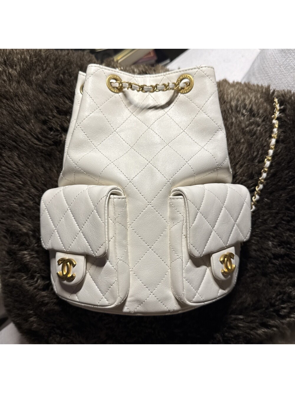 Chanel Matelassé Chain Backpack White Rucksack Bag Gold Hardware Women